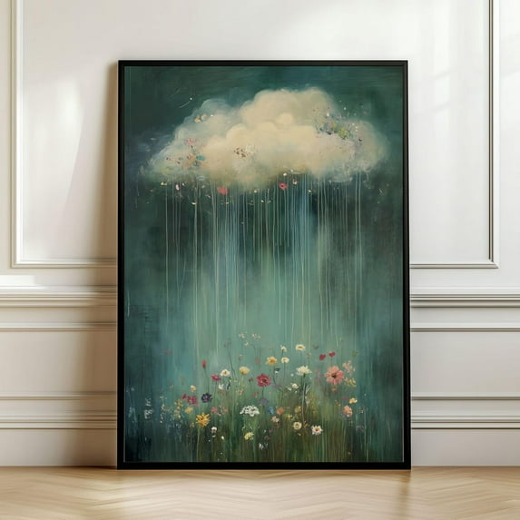 Moody Rain Cloud Landscape, Vintage Wildflower Art Print, Rustic Sage Green Cottage Wall Decor, Size 24x36 UNFFRAMED