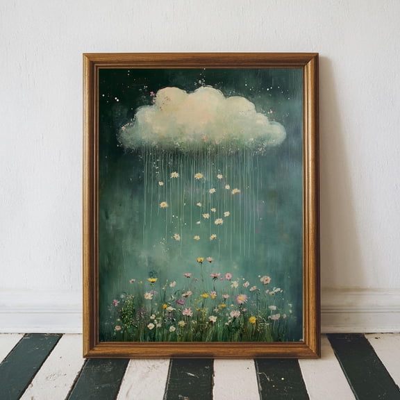 Moody Raining Cloud Print, Vintage Wildflower Landscape Wall Art, Sage Green Cottagecore Printable Decor, Size 24x36 UNFFRAMED
