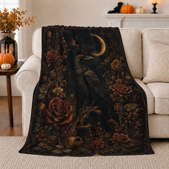 Moody Raven Crescent Moon Gothic Scene Mysterious Illustrative, Festive Halloween Scene, Warm Flannel Blanket for Living Room and Reading Nook, Art Lovers Halloween Gift, Festive Home Decor