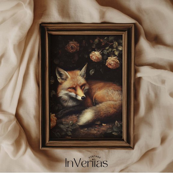 Moody Red Fox Painting Dark Cottagecore Style Forest Animal Print Home Decor Office Wall Art