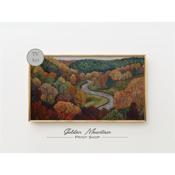 Moody River Fall Landscape, Impressionist Autumn Forest Scene, Colorful, Cozy Seasonal Wall Decor Home Decor, 24x36 UNFRAMED