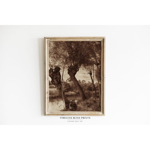 Moody River Landscape Printable Antique Sepia Trees Print Dark Brown Landscape Wall Art Brown Willow Trees Poster Decor, Unframed Poster Size 16x24 F03.1.22l74