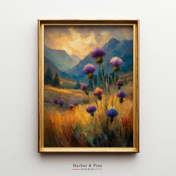 Moody Rustic Thistle Wildflower Painterly Pastoral Wall Art, Unframed Canvas 12x16in