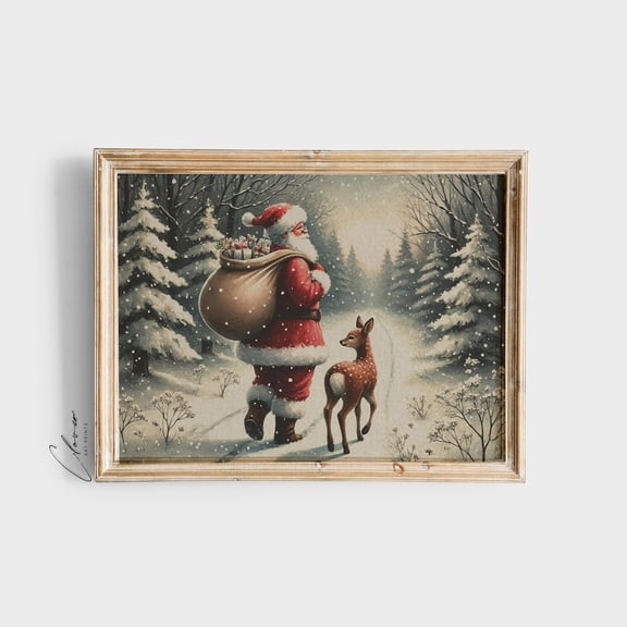 Moody Santa Claus Print, Santa And Deer, Winter Wall Art, Cozy Decor,| Vintage Landscape Home Decor #263, Stretched Canvas Size 16x24