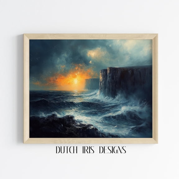 Moody Seascape, Turner Inspired Cliffside Sunset, Stormy Ocean Scene, Dramatic Coastal Wall Art, Decor 398 Home Decor #1339, Unframed Poster Size 12x18