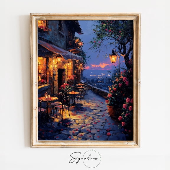 Moody Sidewalk Cafe at Dusk, Romantic Valentines Day Art, Rustic Parisian Street Scene, Vintage Cafe Decor, able 3551 Unframed Paper Print