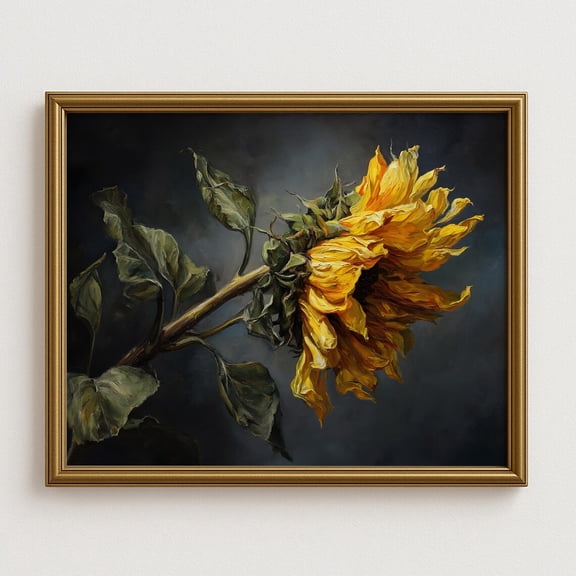 Moody Sunflower Wall Art, Dark Botanical, Vintage Floral Fine Art Print, Rustic Nature Artwork, Classical Still Life Home Decor #924, Unframed Canvas Size 12x18