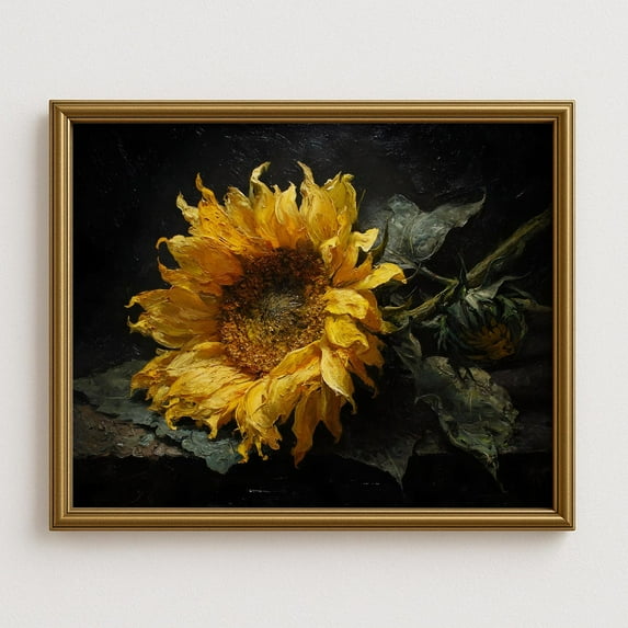 Moody Sunflower Wall Art, Vintage Floral, Dark Botanical Fine Art Print, Elegant Rustic Flower Decor, Classical Still Life Home Decor #919, Unframed Poster Size 12x18