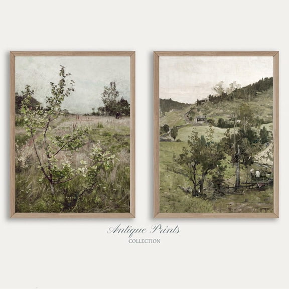 Moody Trees Vertical Country Vintage Cottage Landscape Wall Art Set 2 Stretched Canvas 12x18