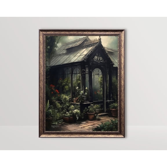 Moody Victorian Greenhouse, Dark Academia, Cottagecore Aesthetic Wall Art, Baroque Botanical Poster, Vintage 49, Stretched Canvas Size 12x18