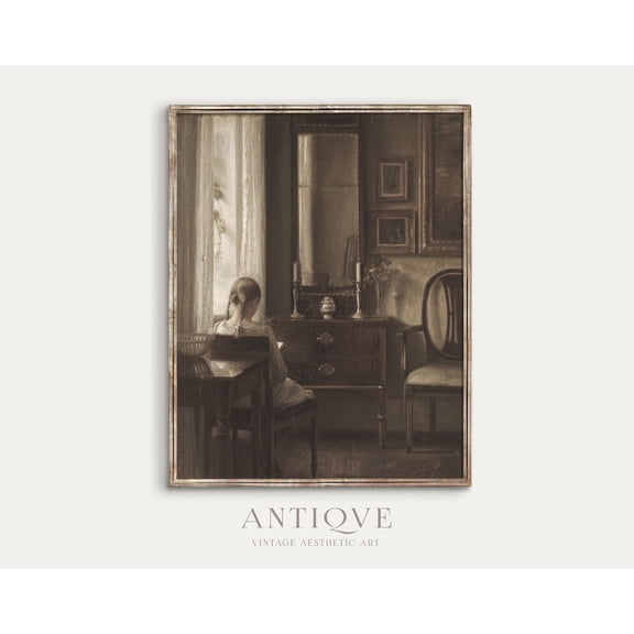 Moody Vintage Blond Girl With Plaits Reading A Book, Neutral Vintage Decor,801 Home Decor, 12x18 UNFRAMED