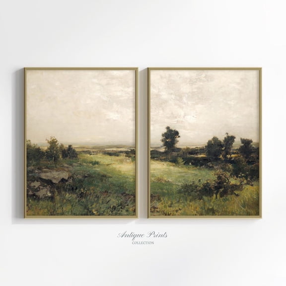 Moody Vintage Countryside Landscape Split Farmhouse Wall Art Set 2 Stretched Canvas 12x18