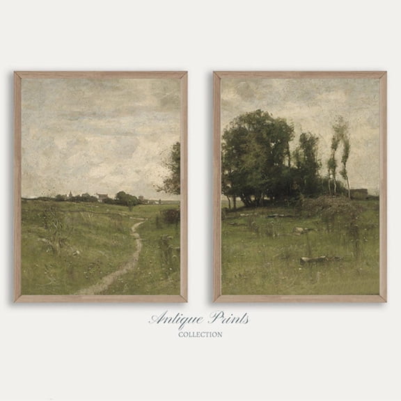 Moody Vintage Countryside Landscape Split Farmhouse Wall Art Set 2 Stretched Canvas 8x12