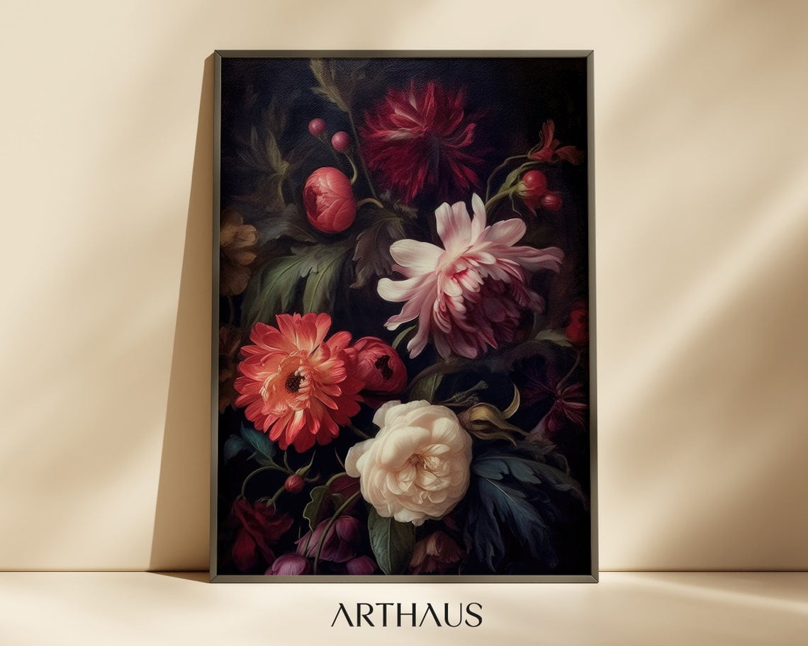 Moody Vintage Flower Art, Dark & Moody Floral Still Life Oil Painting ...