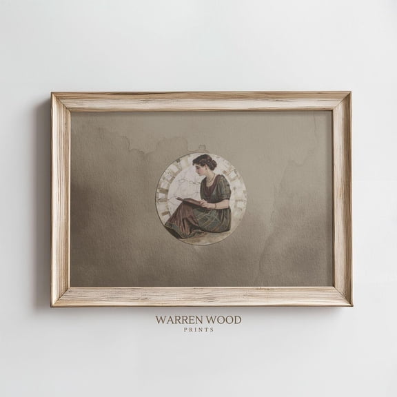 Moody Vintage Reading Print, Dark Beige Wall Art, Woman Reading Circle Art, Literary, Neutral Bookish Decor Home Decor #1671, Unframed Poster Size 8x12