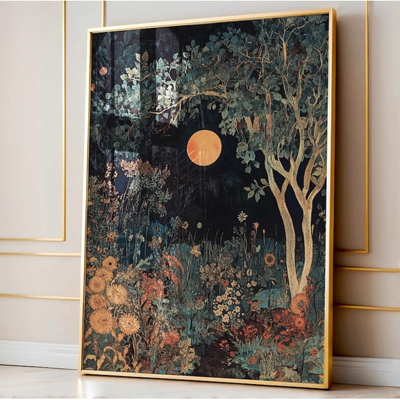 Moody Wall Art, Dark Academia Decor, William Morris Inspired Moon Eclipse Botanical Art Print, Dark Cottagecore Decor, Moody Decor Size 24x36 Unframed Poster