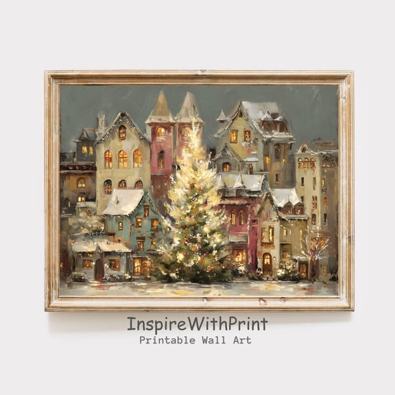 Moody Winter Holiday Village Wall Art Poster Vintage Small Town Decor With Pastel Seasonal Style Home Decor UNFRAMED Poster, Wall Art for Decor, Present, 8x12