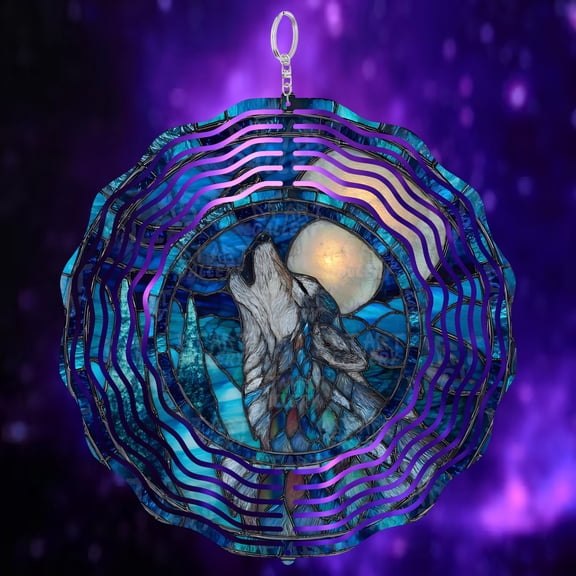 Moody Wolf Howling Moon 3D Wind Spinner Sublimation Stainless Steel Kinetic Art