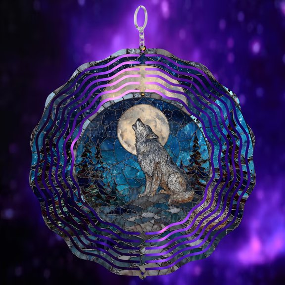 Moody Wolf Howling Moon 3D Wind Spinner Sublimation Stainless Steel Kinetic Decor