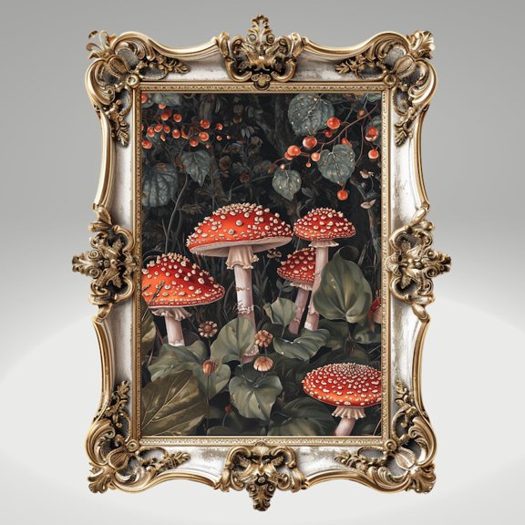Moody Woodland Mushroom Wall Art Print, Dark Botanical Forest Illustration with Vintage Cottagecore Aesthetic Decor Size 24x36 Unframed Poster