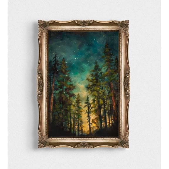 Moody Woods Art Poster, Starry Night Forest Artwork With Pine Trees, Nature Atmospheric Wall Art, Dreamy Woodland Under The Stars, 8x12 UNFRAMED