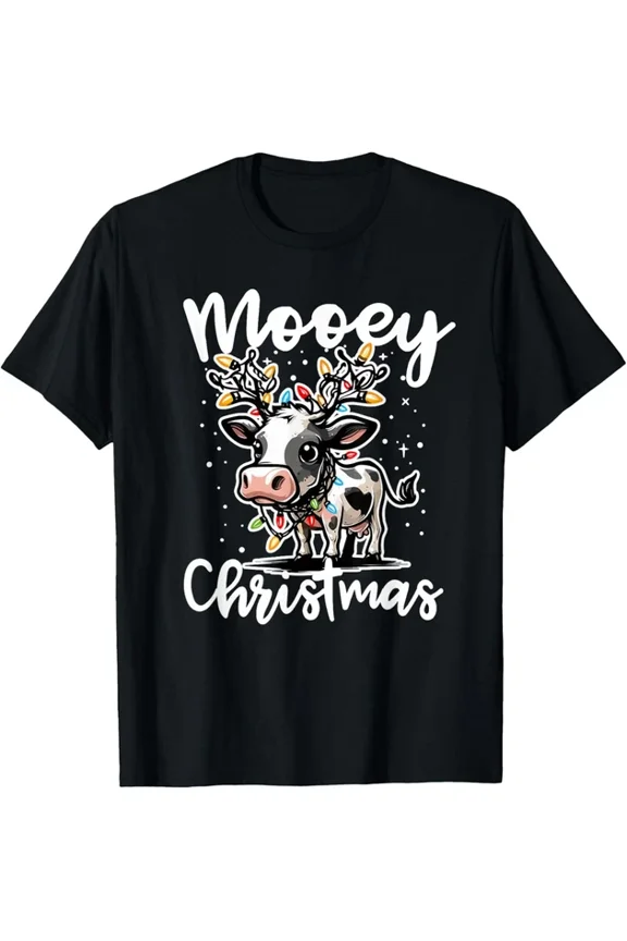 Mooey Christmas Cow Reindeer Lights Graphic T-shirt