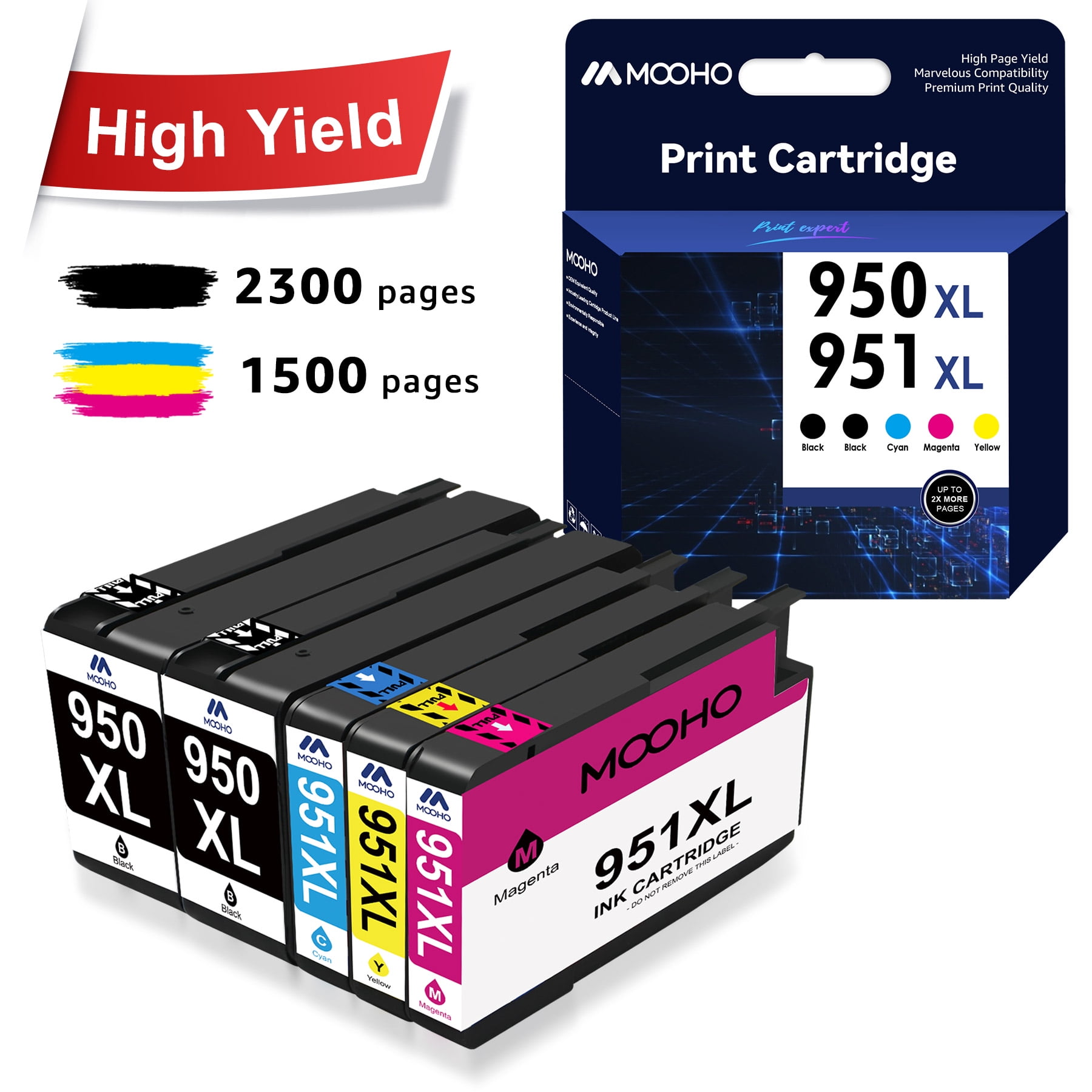 Mooho 950XL and 951 Combo Pack Replacement for HP Printer Ink 950 951 for OfficeJet  Pro 8610 8600 8620 8625 251dw 276dw Printer (Black Cyan Magenta Yellow,  4-Pack) 