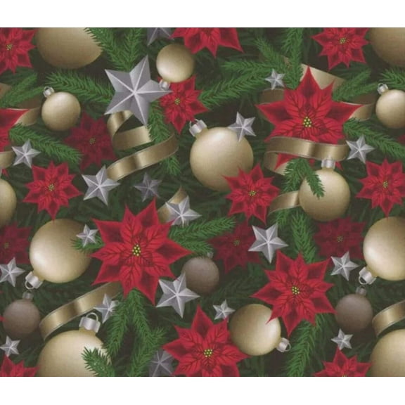 Mook Fabrics Christmas Gold Ornaments and Ribbons Poinsettias 100% Cotton Fabric By the yard