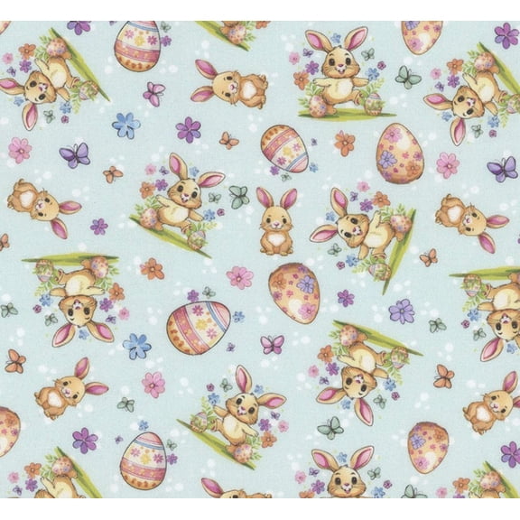 Mook Fabrics Hoppy Easter Bunnies Aqua 100% Cotton Price per Yard