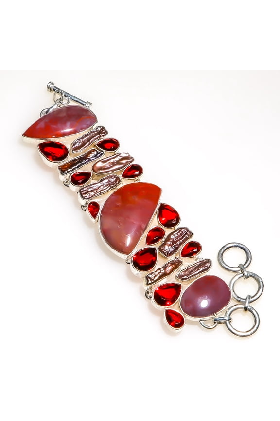 Mookaite - Australia & Biwa Pearl 925 Silver Plated Bracelet 7-7.99" B7972-2, Valentine's Day Gift, Birthday Gift, Beautiful Jewelry For Woman & Girls