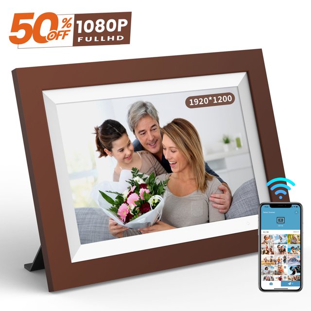 Moolink F10 10.1'' Touch Screen Digital Photo Frame, Wireless, Full HD, AutoRotate, 16GB, Wood