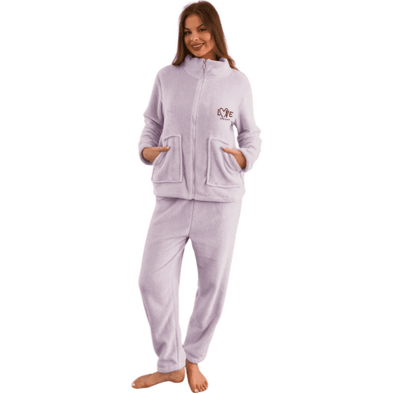 Moolmeyno Women's Winter Fleece Pajamas Set & Plush Robe Bundle, Cozy Thermal Sleepwear with Pockets, Velvet Loungewear