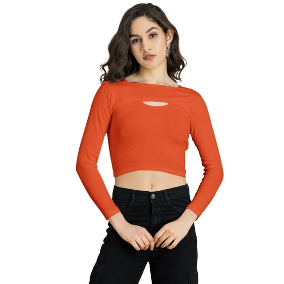 Moomaya 2 Pc Solid Bust Crop Top For Women, Long Sleeves Knitted Tshirt