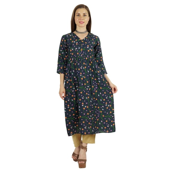 Moomaya A-Line Kurti Rayon 3/4 Sleeve Printed Rayon Tunic Dress Ethnic Kurta For Women