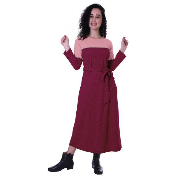 Moomaya A-line Color Block Maxi Dress Casual Plain Waist Belted Long Dress