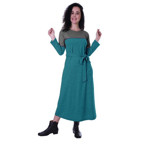 Moomaya A-line Color Block Maxi Dress Casual Plain Waist Belted Long Dress
