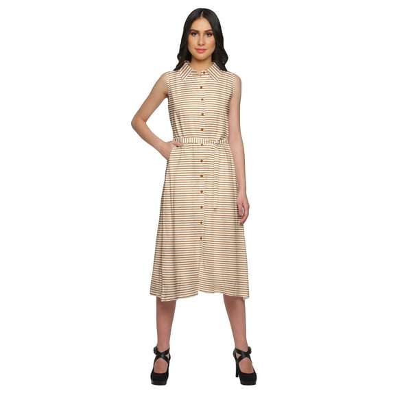 Moomaya Adjustable Fabric Belt Printed Lapel Collar Button Down Casual Dress