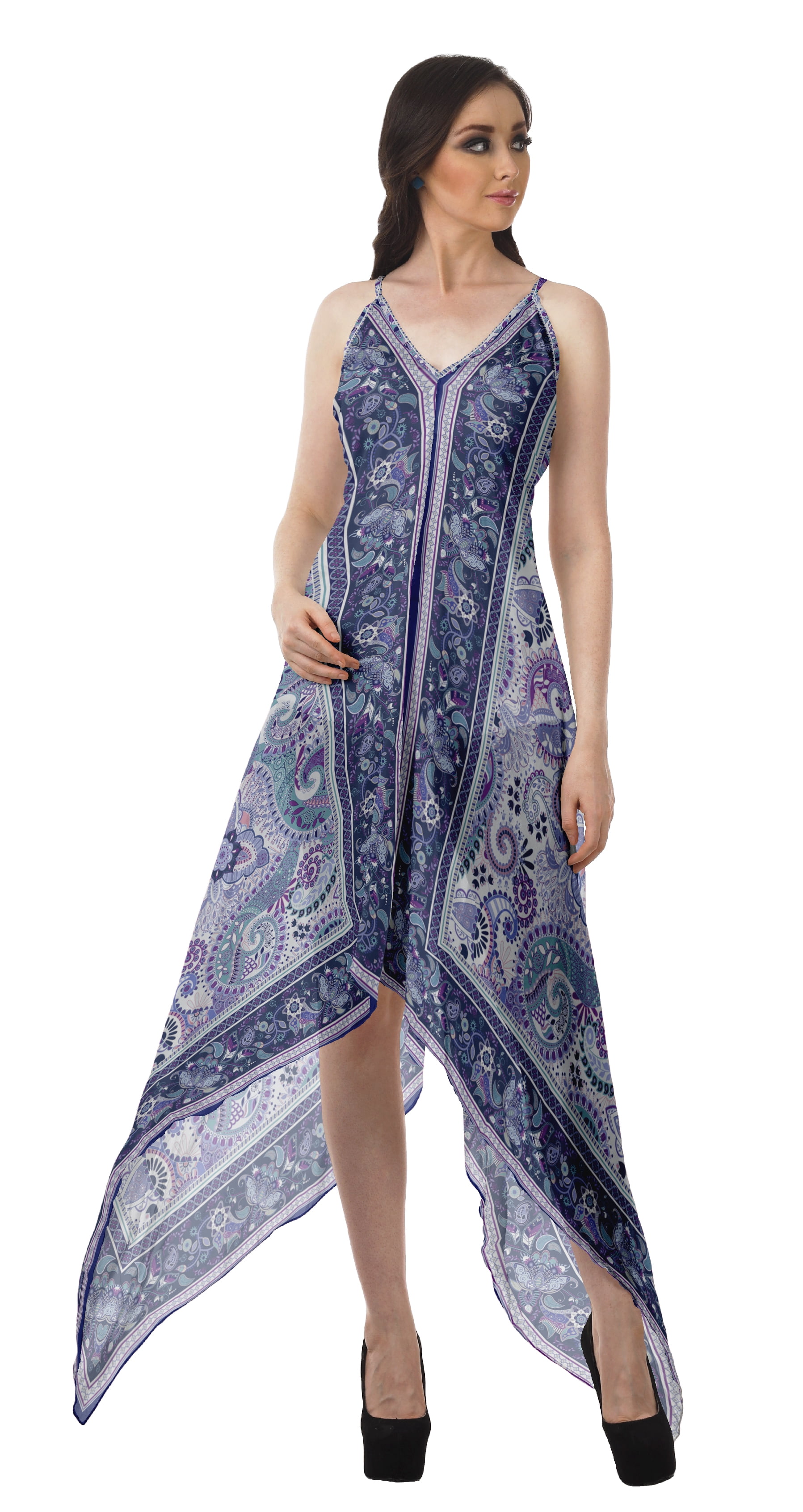 Moomaya Asymmetrical Hem Dress Ladies Handkerchief Halter Spaghetti Strap  Dress