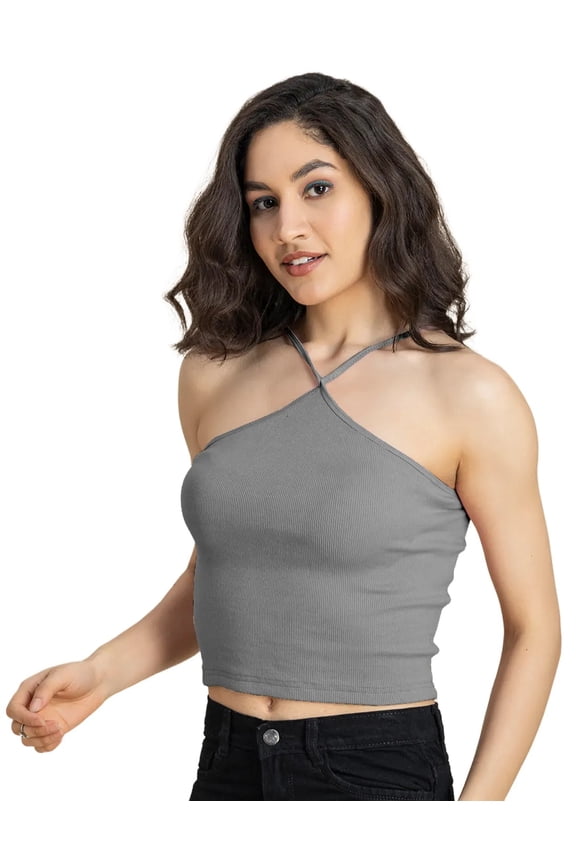 Basic Crop Top For Women, Halter Neck Knitted Casual Top