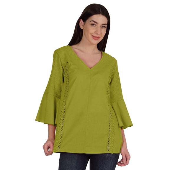 Moomaya Bell Sleeve Cotton Tunic For Womens V-neck Plain Summer Schiffli Top