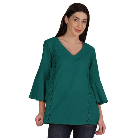 Moomaya Bell Sleeve Cotton Tunic For Womens V-neck Plain Summer Schiffli Top
