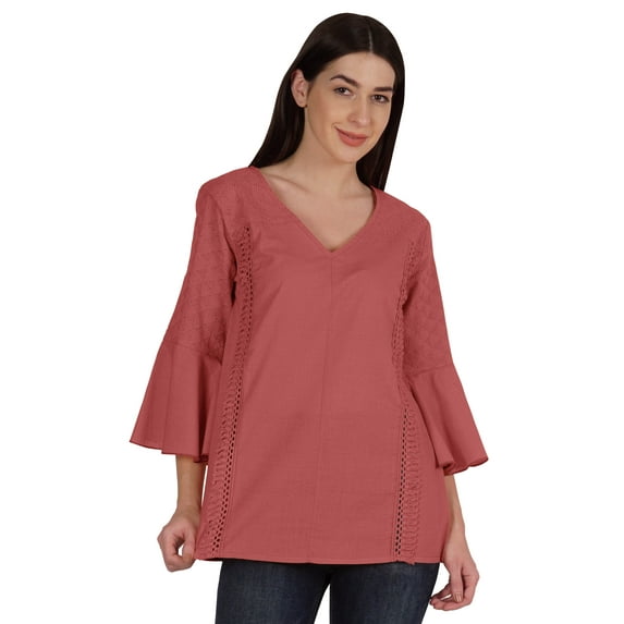 Moomaya Bell Sleeve Cotton Tunic For Womens V-neck Plain Summer Schiffli Top