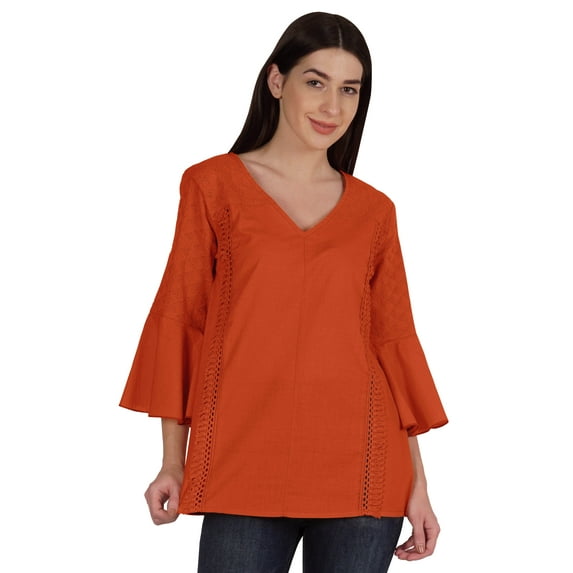 Moomaya Bell Sleeve Cotton Tunic For Womens V-neck Plain Summer Schiffli Top