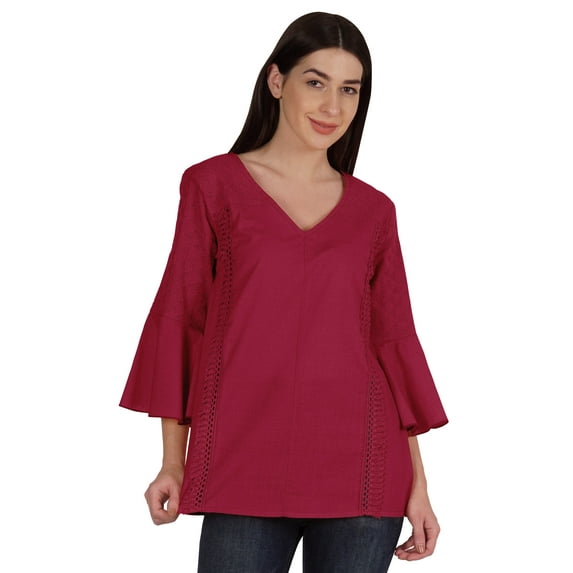 Moomaya Bell Sleeve Cotton Tunic For Womens V-neck Plain Summer Schiffli Top