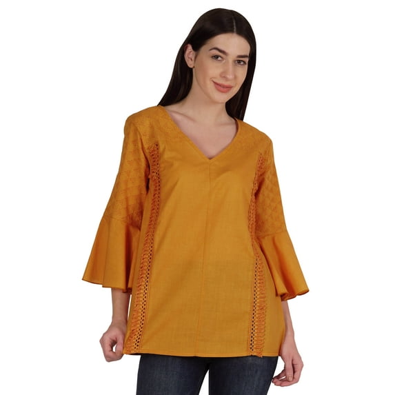 Moomaya Bell Sleeve Cotton Tunic For Womens V-neck Plain Summer Schiffli Top