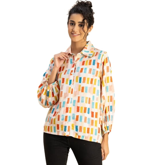 Moomaya Bishop Sleeves Collar Printed Rayon Shirt - Women's Stylish Shirt