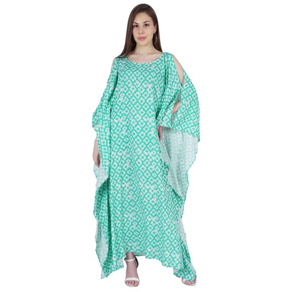 Moomaya Boat Neck Caftan Rayon Cover Up Printed Cold Shoulder Kaftan Maxi Dress