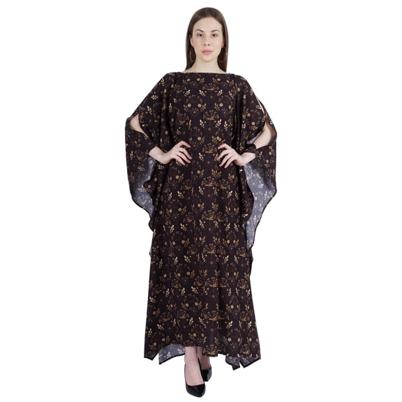 Moomaya Boat Neck Caftan Rayon Cover Up Printed Cold Shoulder Kaftan Maxi Dress