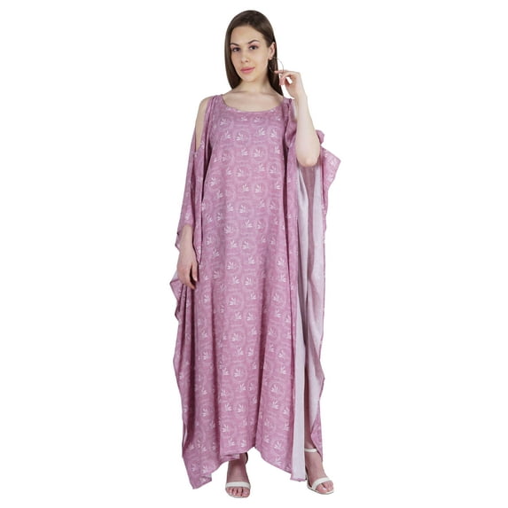 Moomaya Boat Neck Caftan Rayon Cover Up Printed Cold Shoulder Kaftan Maxi Dress