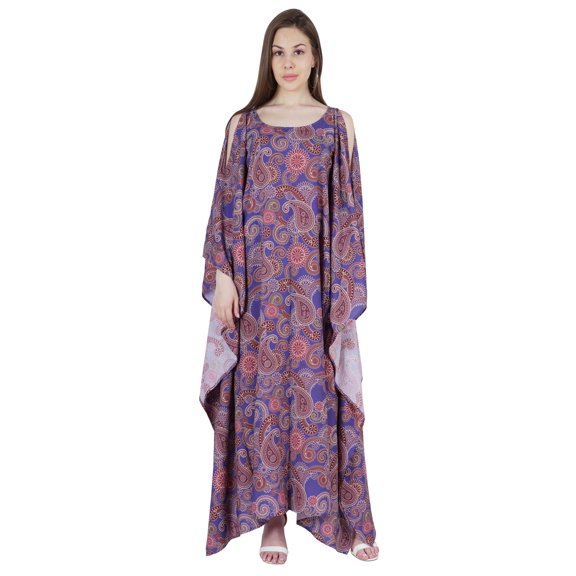 Moomaya Boat Neck Caftan Rayon Cover Up Printed Cold Shoulder Kaftan Maxi Dress